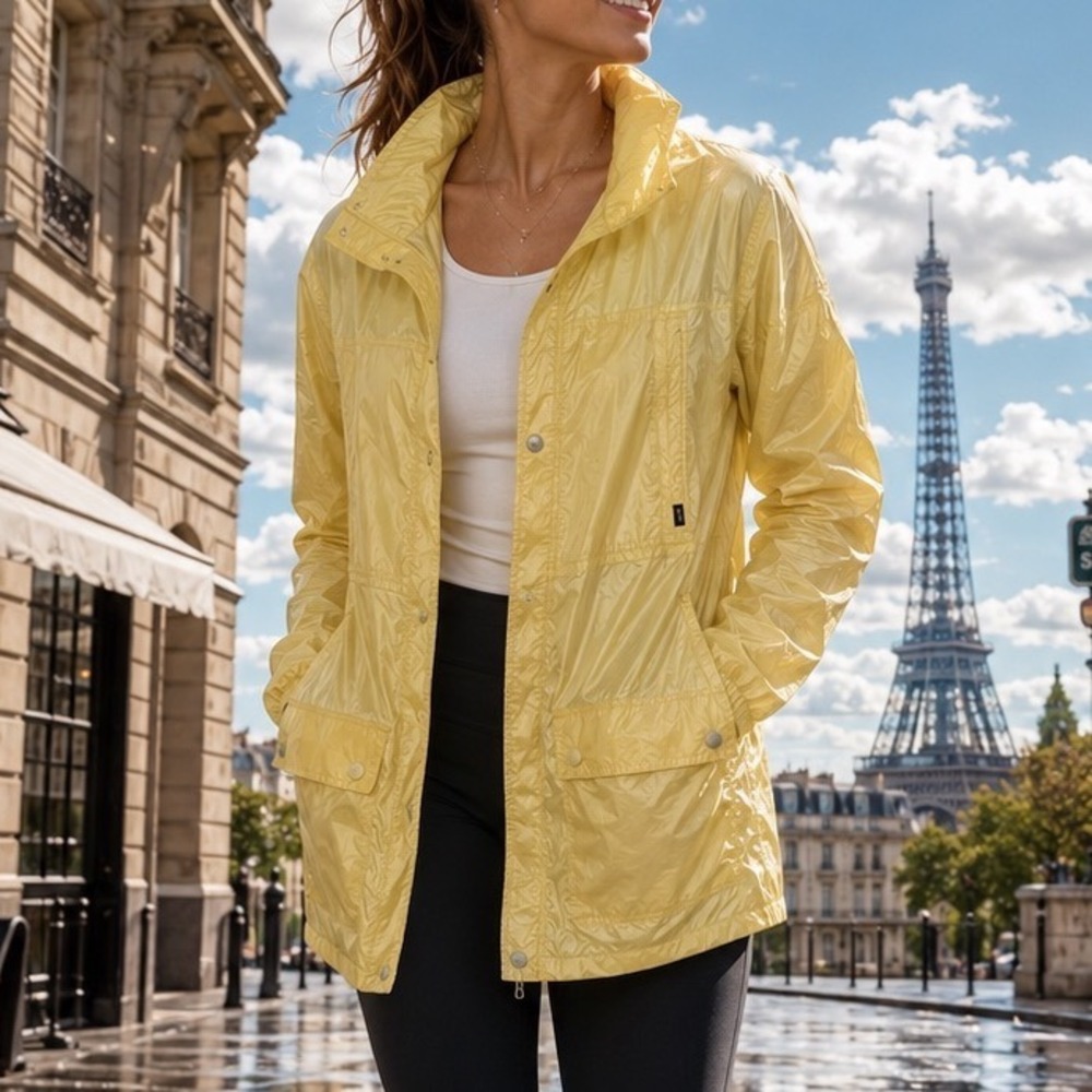 Adidas SLVR Womens Yellow Nylon Windbreaker Jacket Packable Hood Size M A10